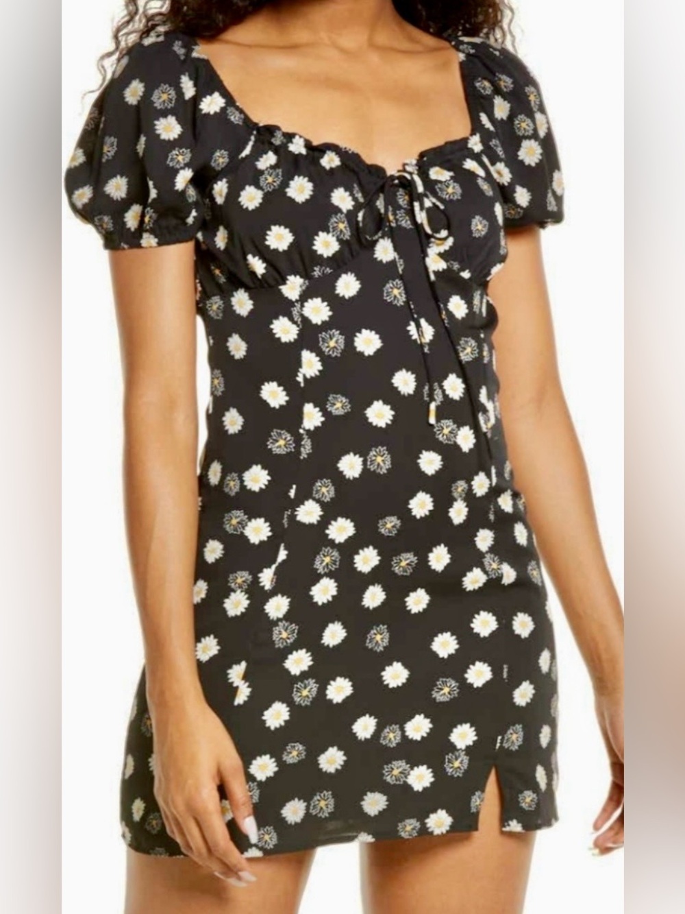 BP Ditsy Daisy Floral Tie Front Mini Dress Black Puff Sleeve Size L